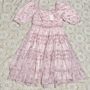 Ivy City Aniston Dress 1X Midi Puff Sleeve Floral Ruffle Romantic Coquette Pink